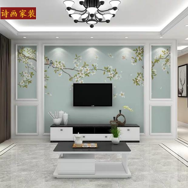 新中式五框电视背景墙画玉兰花立体装饰客厅墙布卧室花鸟壁画壁布