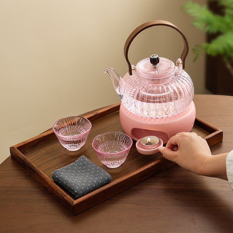 粉色玻璃花茶壶蜡烛温泡茶炉套装女士精致茶具下午茶美容养生煮茶