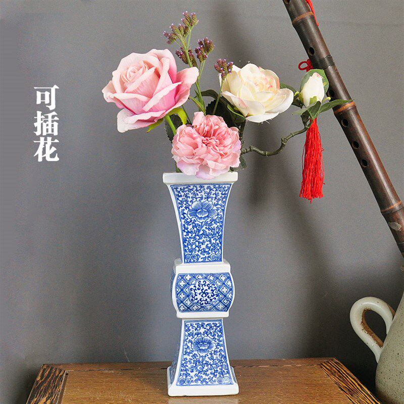 景德镇陶瓷复古风中式青花瓷花瓶摆件方形古花樽佛堂客厅五供花觚