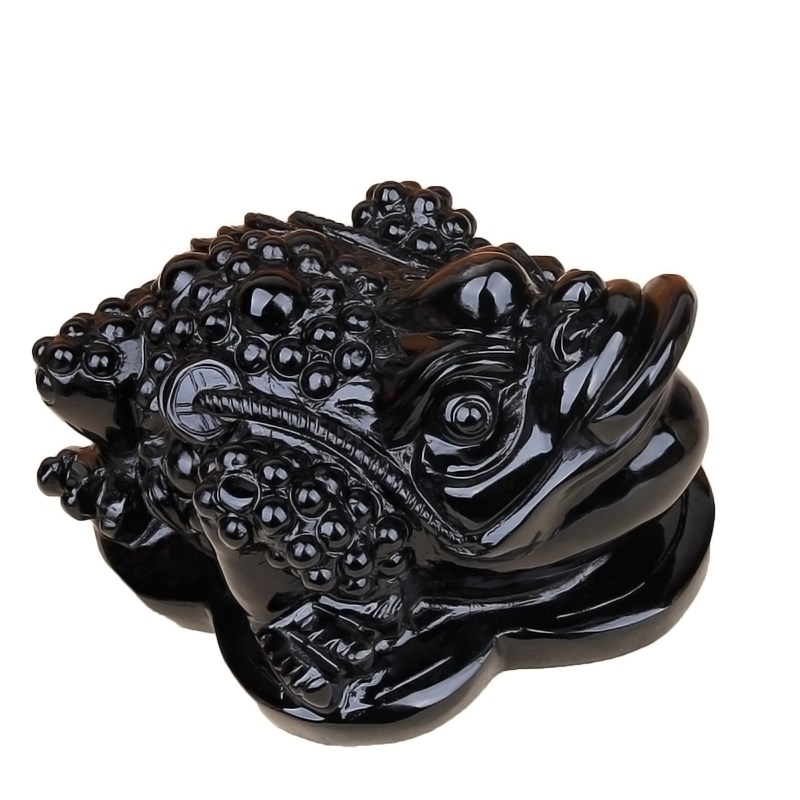 天然黑曜石金蟾摆件八方三足三脚蟾蜍黑色石雕水晶吉祥物玉石摆设