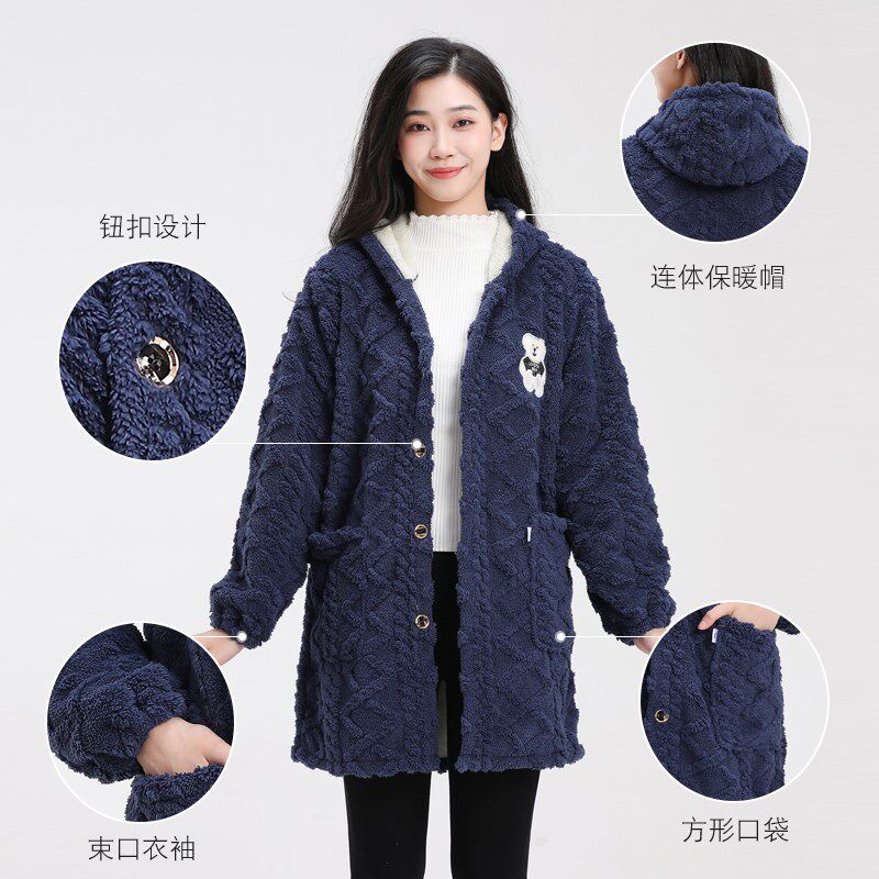 冬季加绒保暖罩衣女士大人双面绒厨房围裙时尚加厚护衣韩版工作服