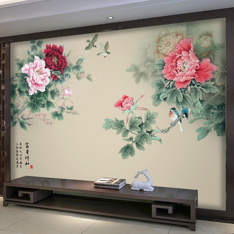 国画牡丹花电视背景墙壁纸3d新中式客厅沙发卧室影视墙纸花鸟墙布