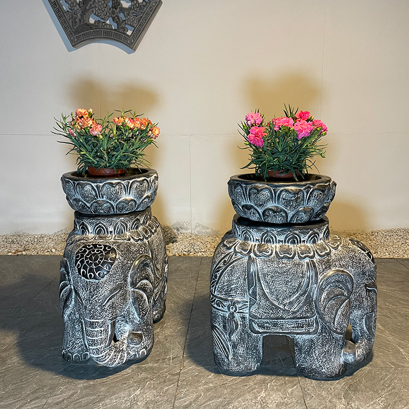 石墩底座大象花盆仿古青石墩凳子石头象墩一对庭院花装饰石雕摆件