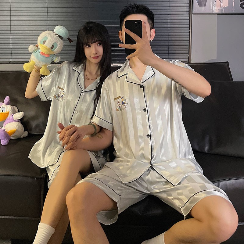 情侣睡衣带胸垫夏季2026新款冰丝绸短袖一男一女玉桂狗家居服套装