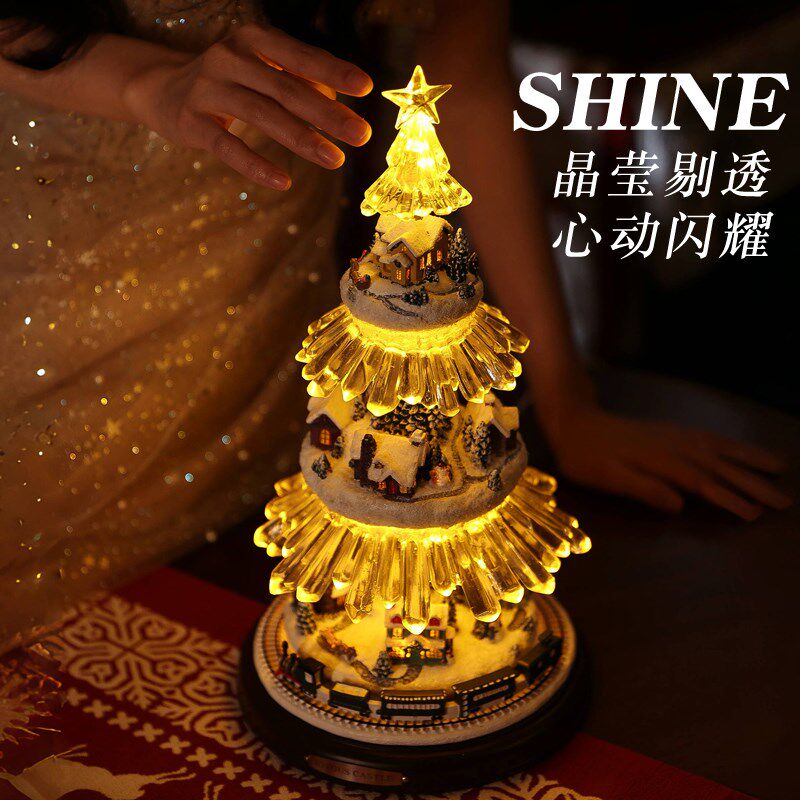 美国新品Joyous Castle四层旋转火车圣诞树木质音乐盒女生日礼物