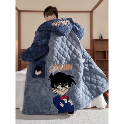 芬腾睡衣男款秋冬季珊瑚绒三层夹棉加厚睡袍长款青少年家居服套装