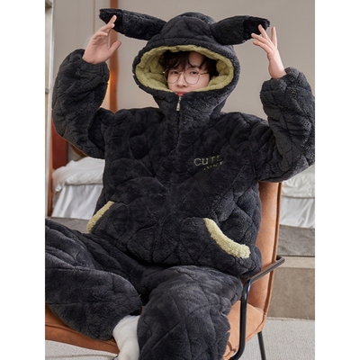 芬腾珊瑚绒睡衣三层夹棉男士2025新款冬季加厚加绒青少年大童套装