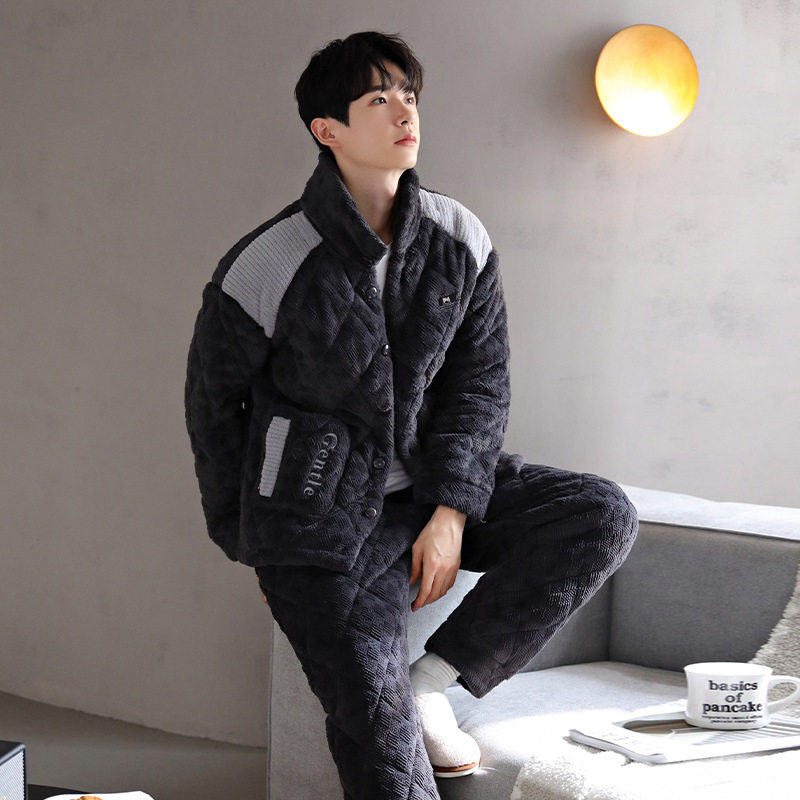 芬腾冬季睡衣男法兰绒三层夹棉加绒保暖开衫纽扣家居服青少年套装