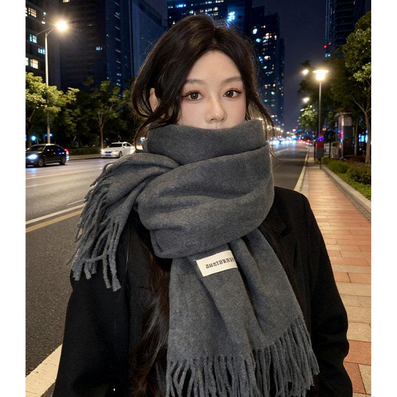 上海故事纯色彷羊绒围巾女秋冬季新款百搭灰色高级感披肩两用保暖