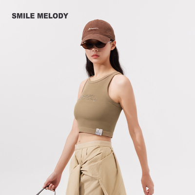 Smile Melody 钻烫字母螺纹无袖背心-橄榄绿