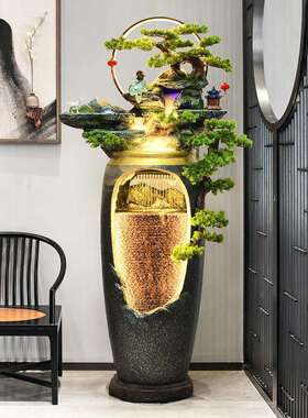 新中式流水视喷泉电柜旁边摆轻奢居花瓶玄家关客厅1368装饰落地假