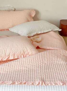 慵简约柔风四纯棉床盖三件套风琴褶懒花边绗缝榻榻80653米透气糯