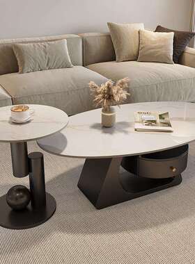 法式奶油风圆岩板茶几形客ZG-80233厅家用不小户型设计师规简则极