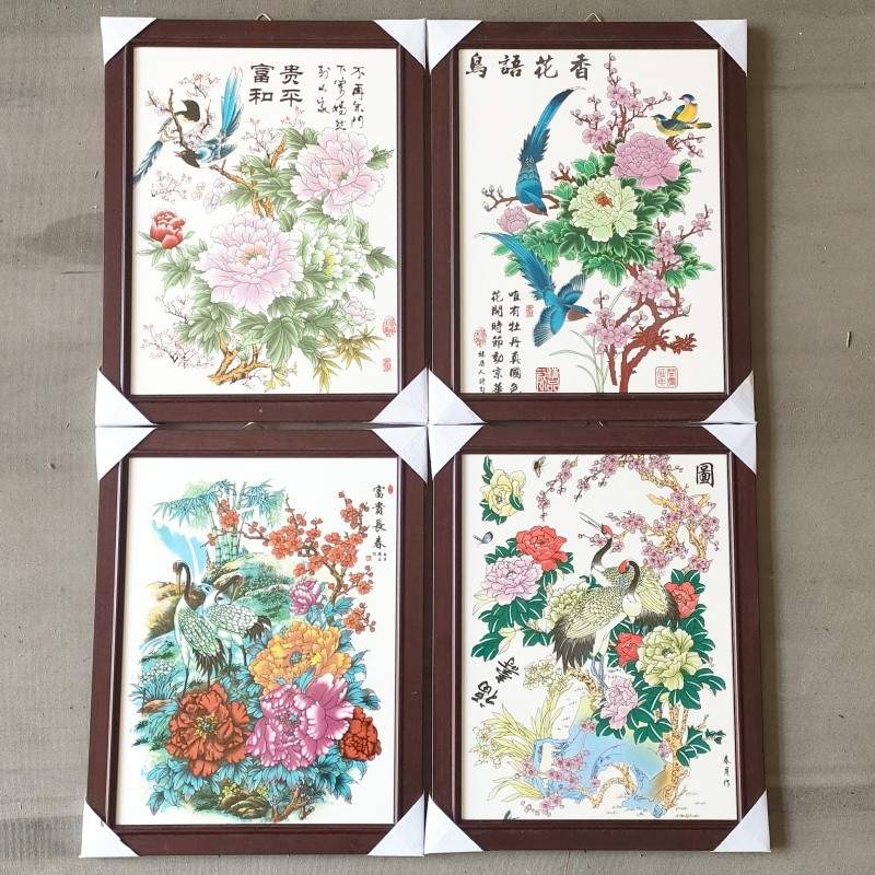 陶瓷瓷板装饰挂画 粉彩雪景图4件套家居床头柜壁画 室内装饰工艺图片