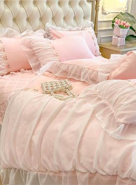 高法式端公主风水洗棉件套纯四棉240061全棉床单床盖花边件四套