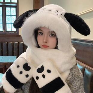 防风围巾手套一体雷锋帽子女 卡通小狗耳朵会动毛绒保暖三件套冬季