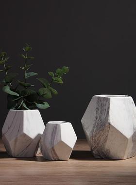 轻奢大理石纹绿色小花瓶陶瓷网红北欧宽口装饰摆件简约小清新多肉