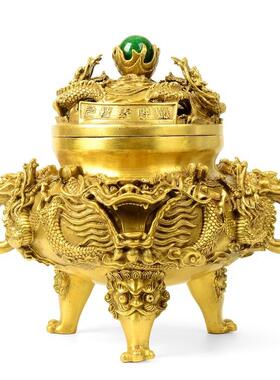 纯铜鼎摆件九龙香炉铜鼎三足鼎铜香炉新中式家居工艺品礼品