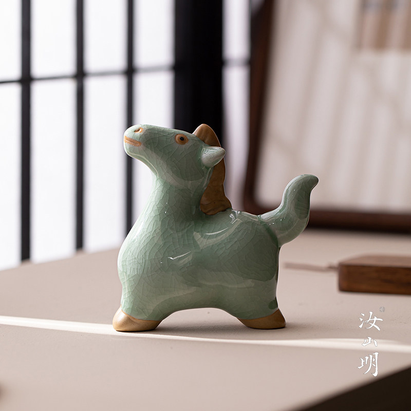 汝山明汝瓷马年生肖马陶瓷小摆件马到成功汝窑茶宠开片可养新年礼