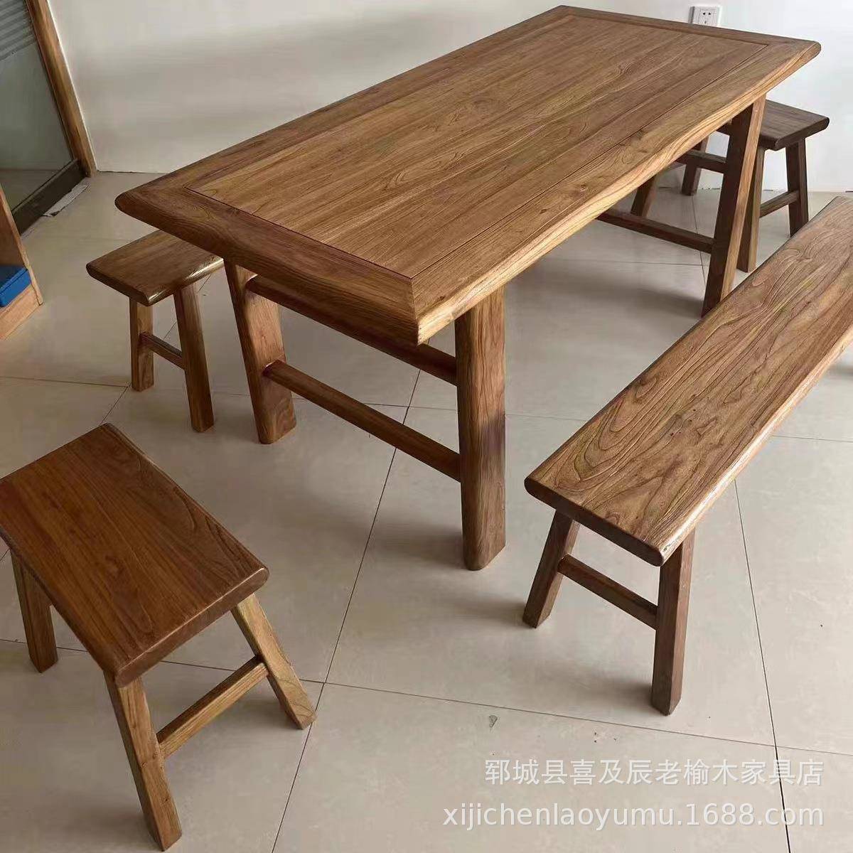 实木桌子老榆木餐桌椅套装家用民宿怀旧复古新中式桌饭店食堂桌椅