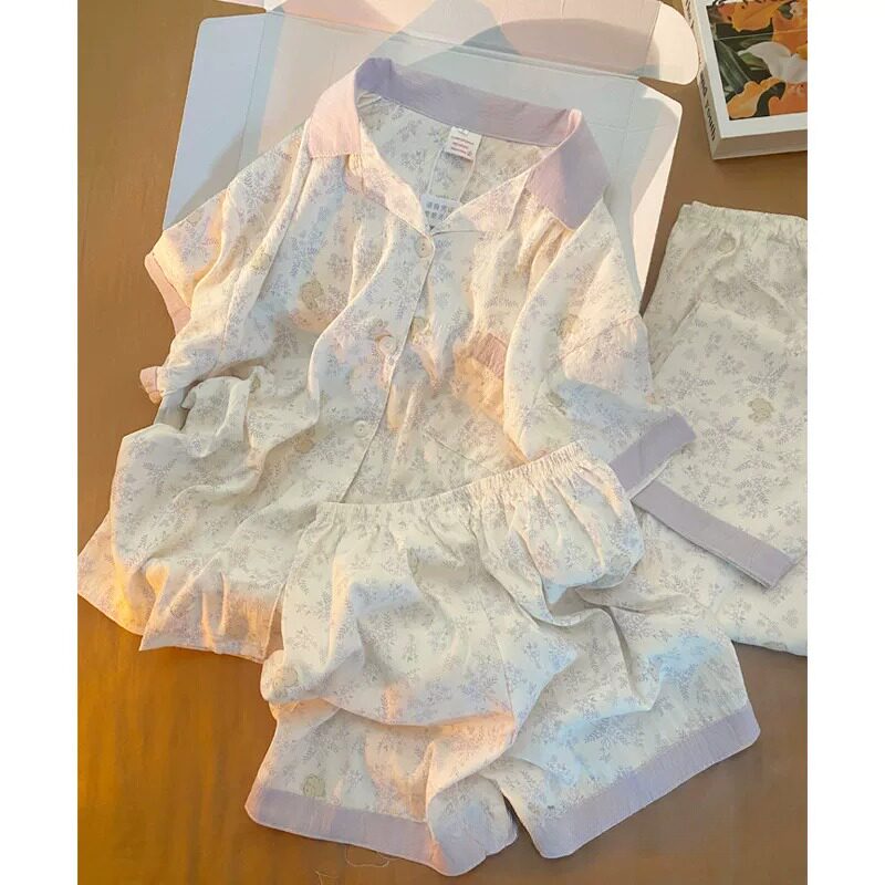 2026新款甜美碎花睡衣女夏季梭织纯棉短袖短裤三件套家居服可外穿