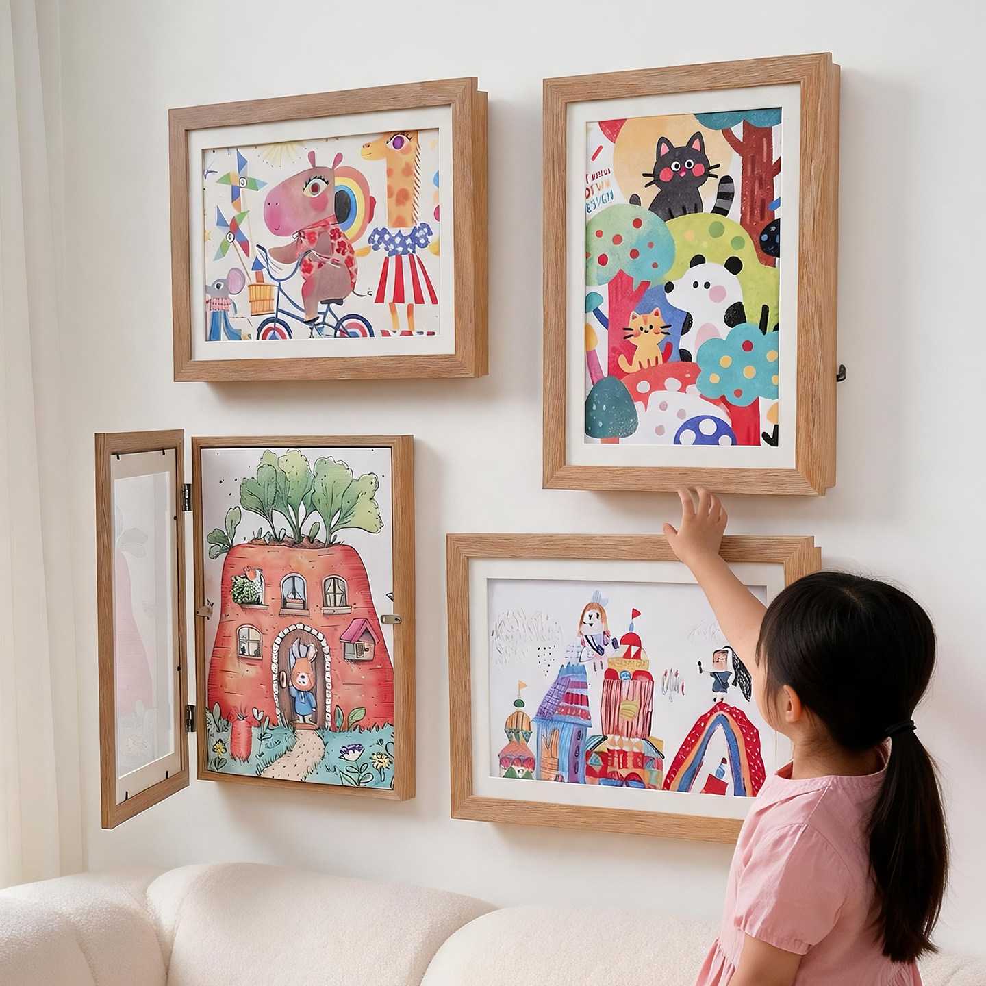 儿童画收纳相框展示两用儿童房装饰画挂墙木相框组合磁吸翻盖画框