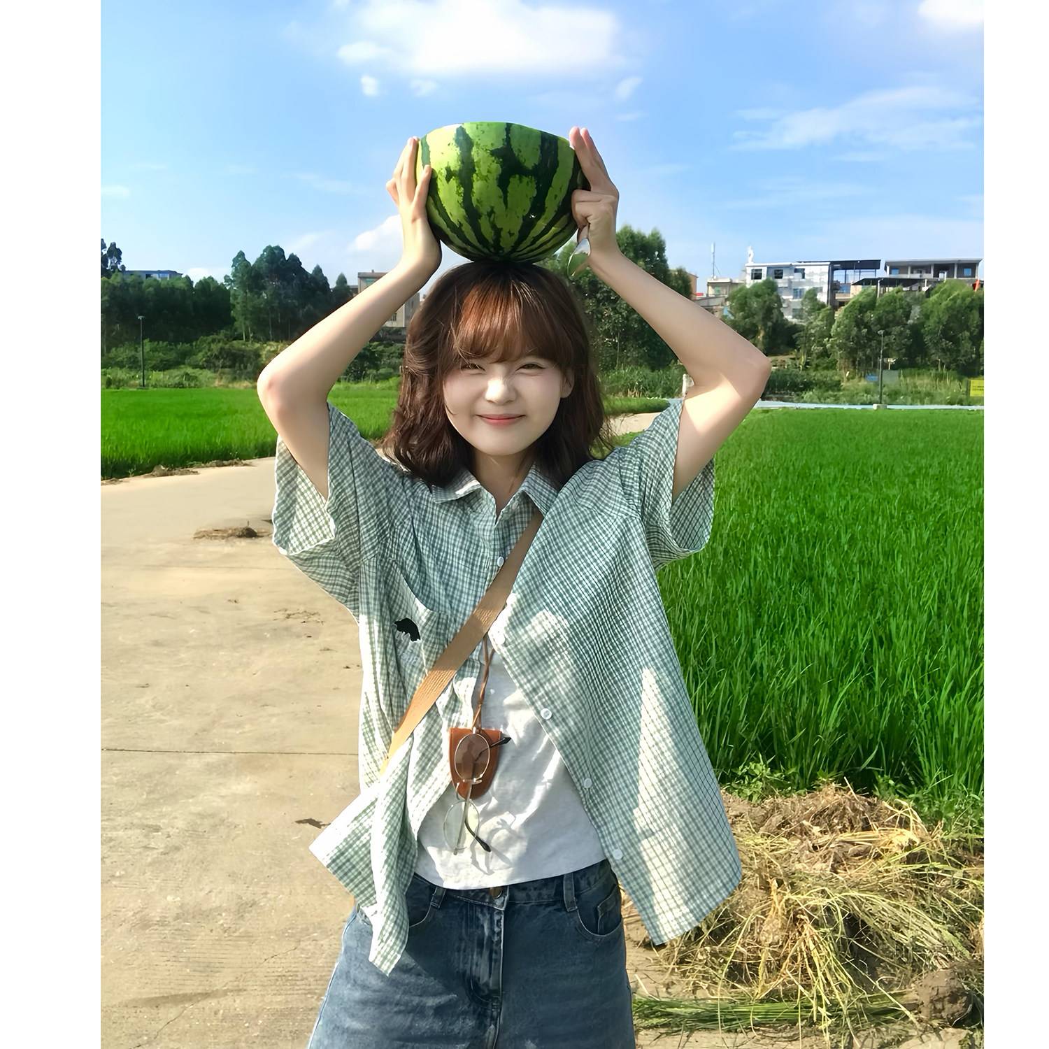 夏季美式复古绿色格子短袖衬衫女2026新款百搭休闲半袖衬衣上衣潮