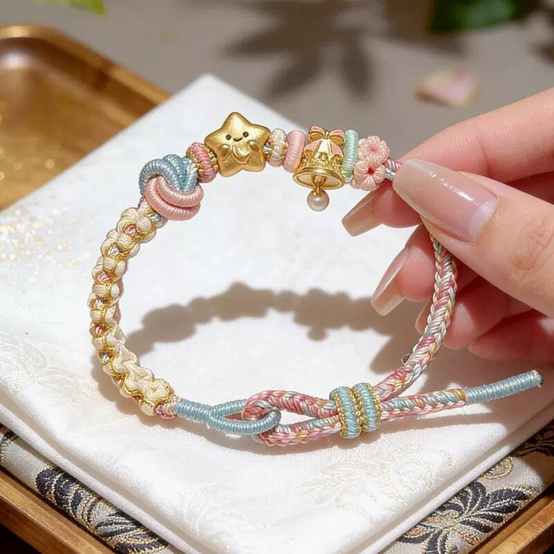 手工编织酒窝结手绳可穿黄金转运珠编织绳成品diy桃花结儿童手链