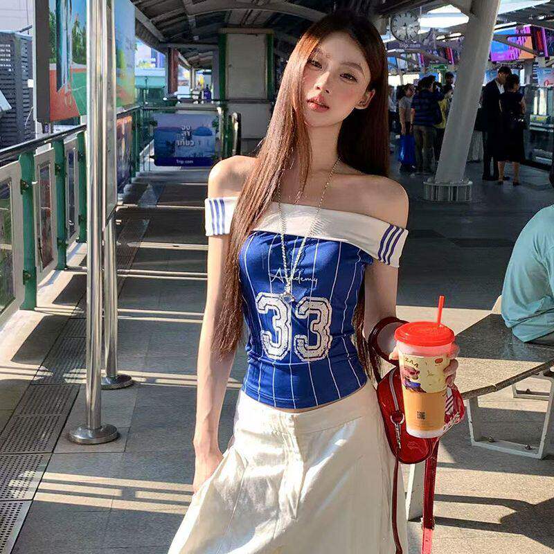 足球宝贝美式复古条纹一字露肩短款T恤女夏外穿性感辣妹抹胸上衣