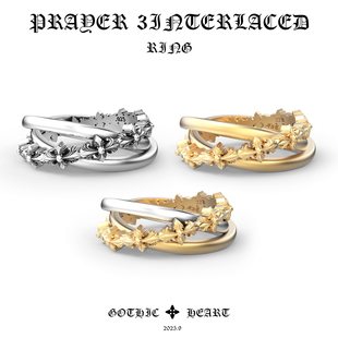 GOTHIC HEART三合一十字戒指22K金925银三环男女情侣复古潮流指环