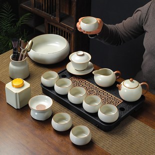 陶瓷茶壶茶杯套装 黄汝窑宿舍茶具个人专用办公室中式 家用一套茶盘