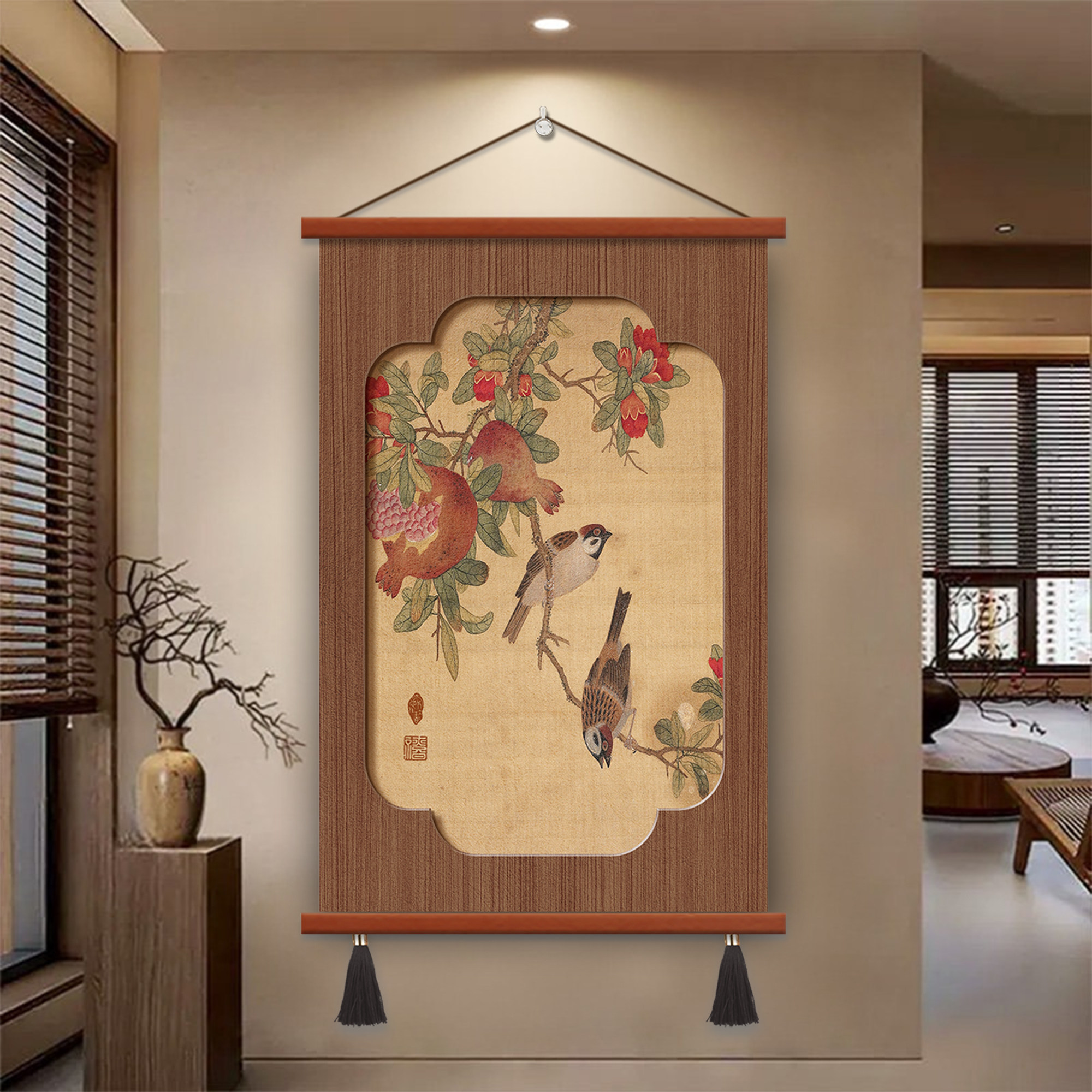 新中式石榴花鸟挂画多子多福客厅装饰禅意茶室餐厅玄关背景墙壁画