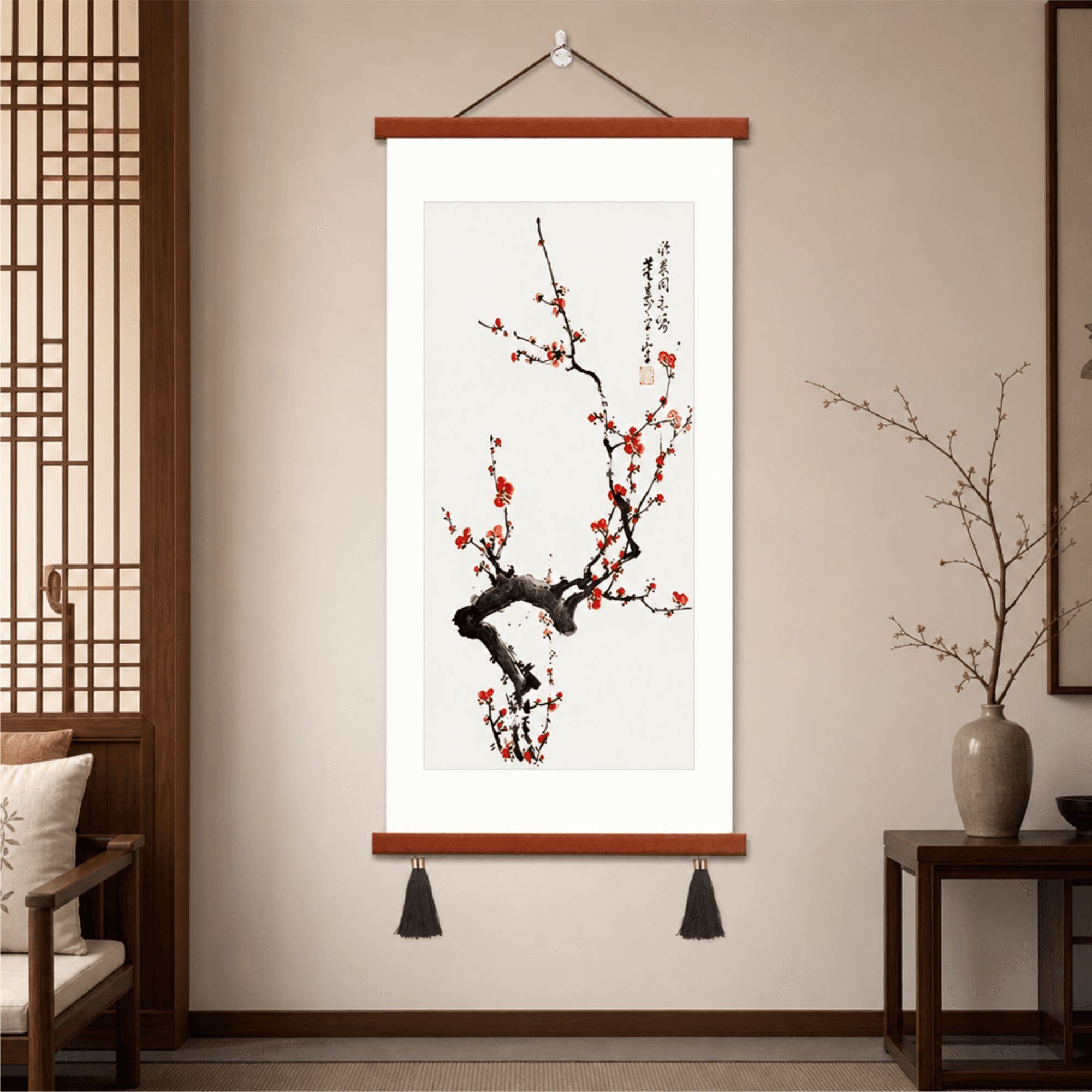 新中式客厅玄关竖版红梅水墨国画装饰画书房墙面轻奢复古软装壁画