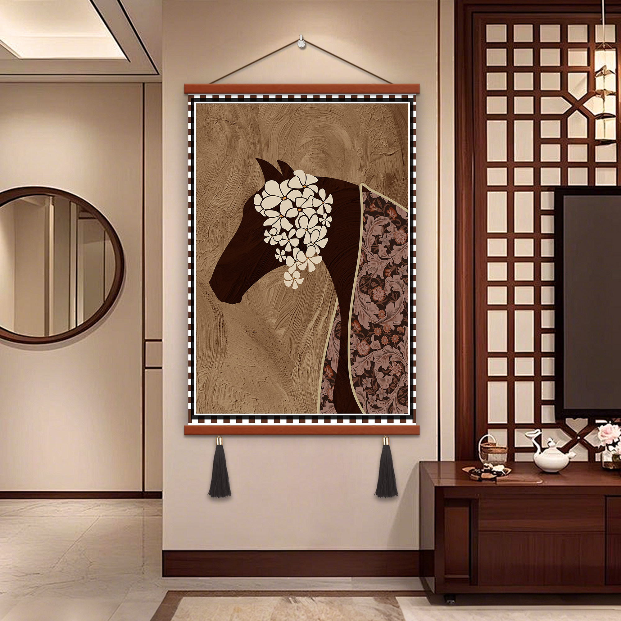 中古风客厅落地装饰画马到成功沙发背景墙挂画高级感复古玄关壁画