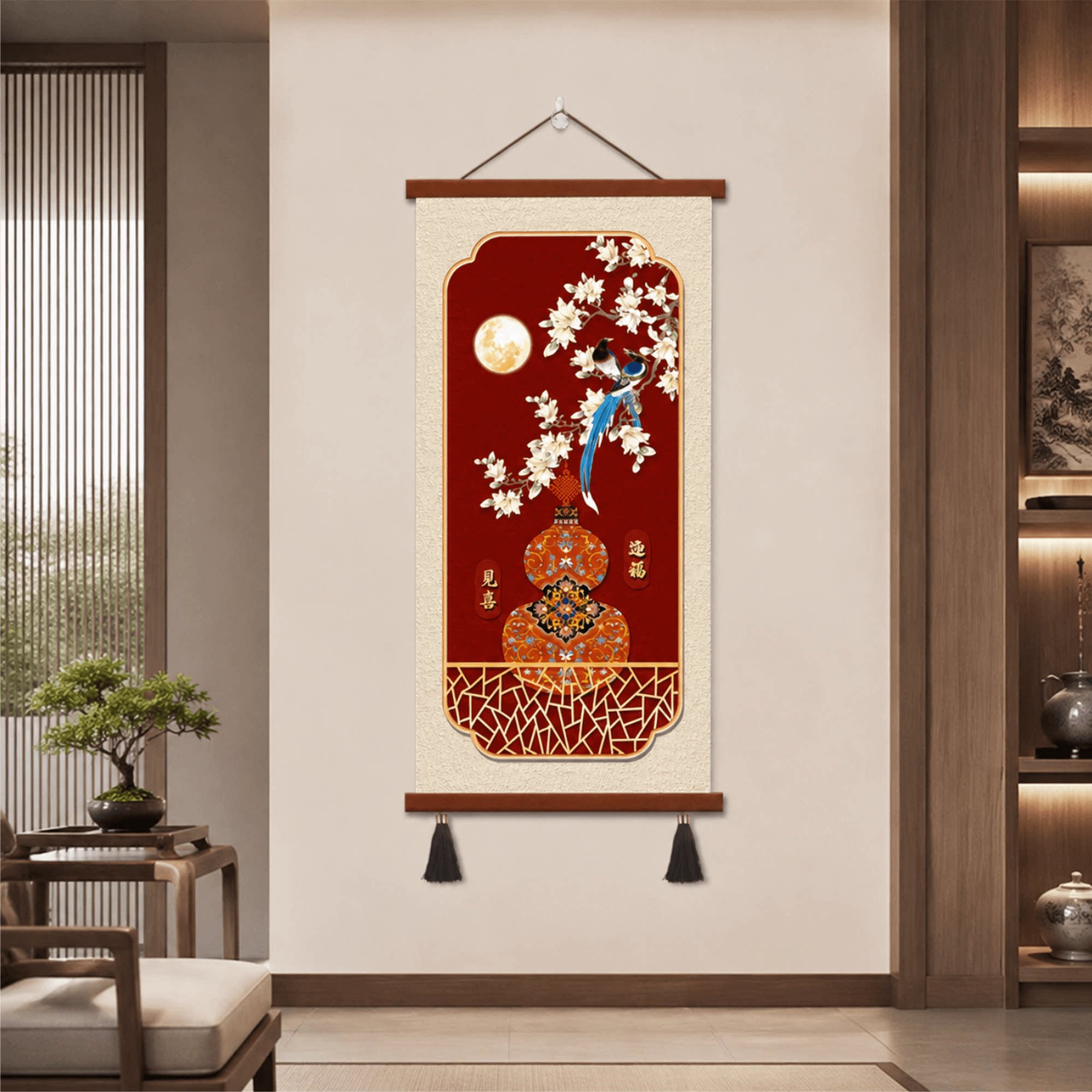 轻奢新中式玄关客厅走廊过道家用装饰画花鸟葫芦见喜迎福墙面挂画