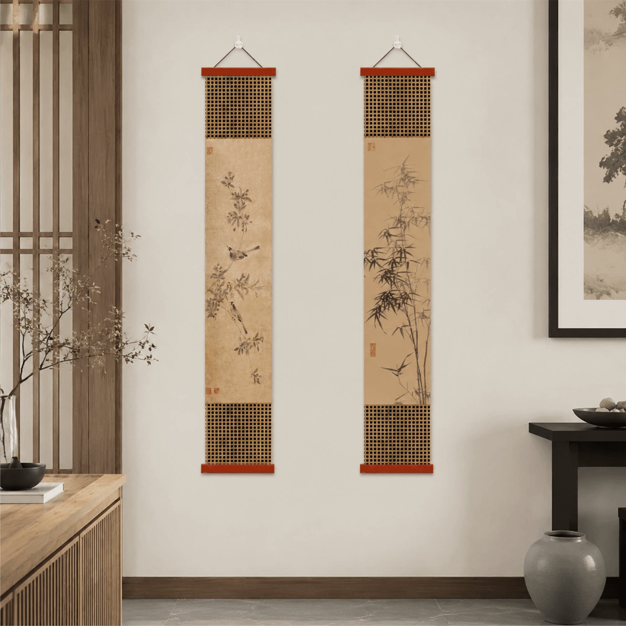 复古轻奢风新中式水墨花鸟竹韵竖版挂画客厅玄关茶室墙面装饰壁画