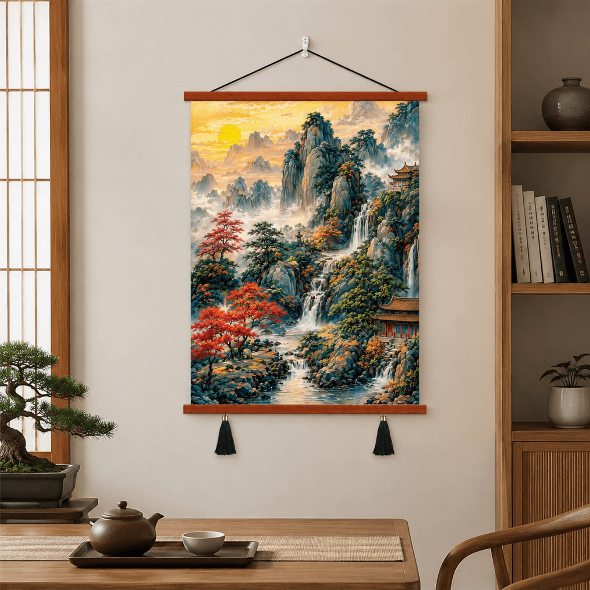 轻奢中式日出红枫流水山水楼阁风景装饰挂画客厅茶室玄关墙面壁画