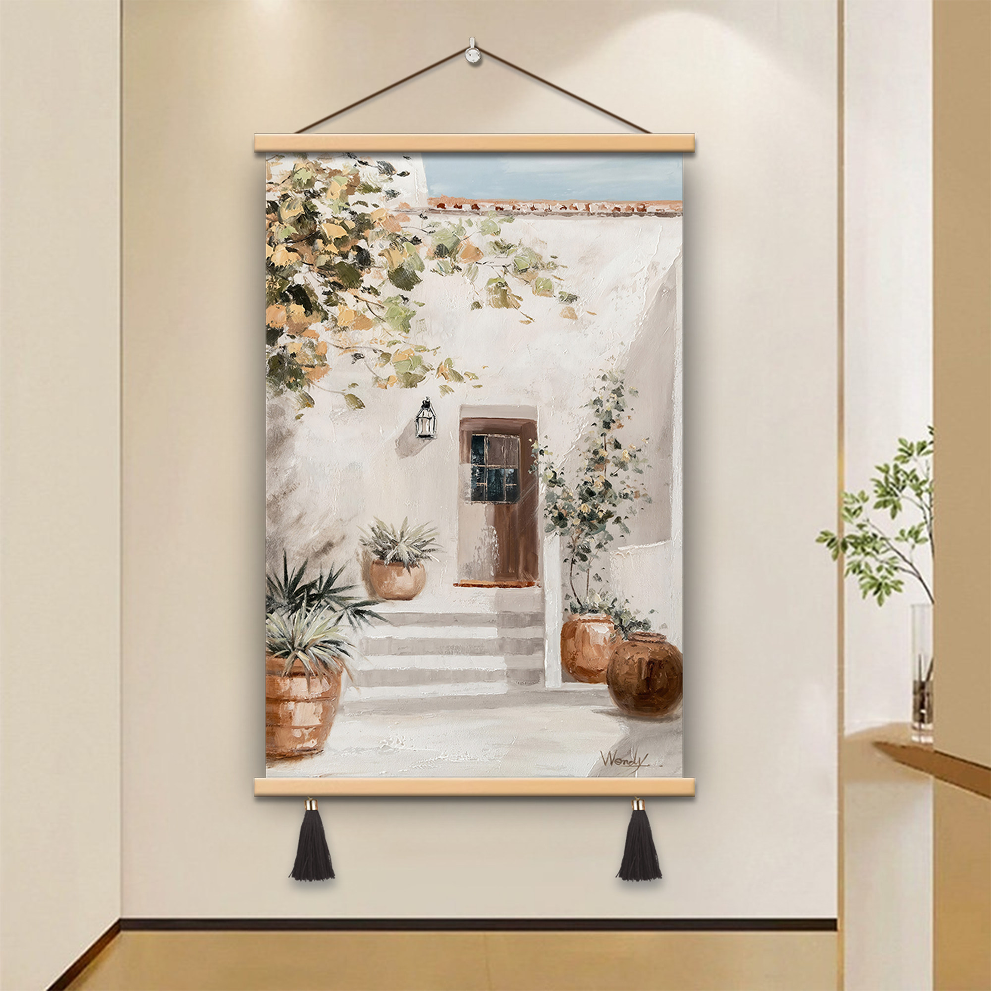 奶油风地中海风景艺术高级北欧油画布喷绘装饰画挂画法式悬挂玄关