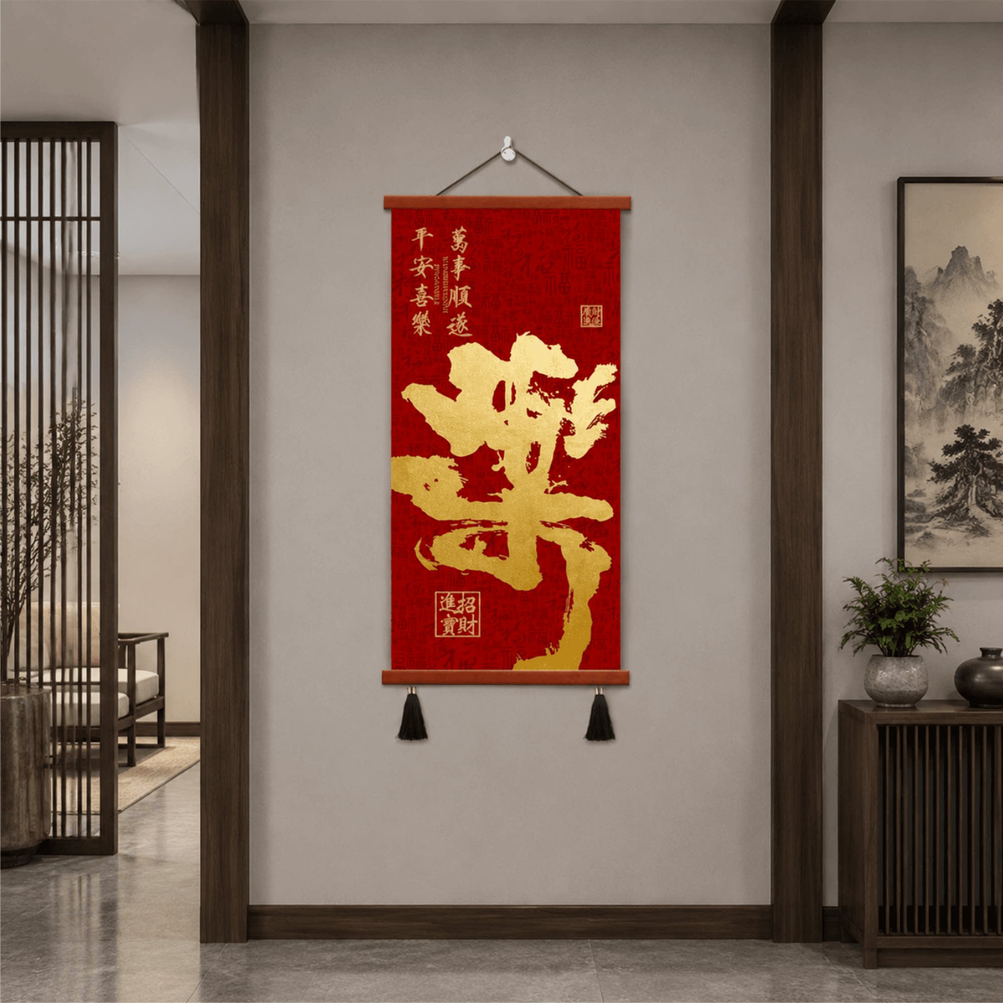 新中式轻奢玄关乐字装饰挂画平安喜乐万事顺遂客厅墙面装饰画