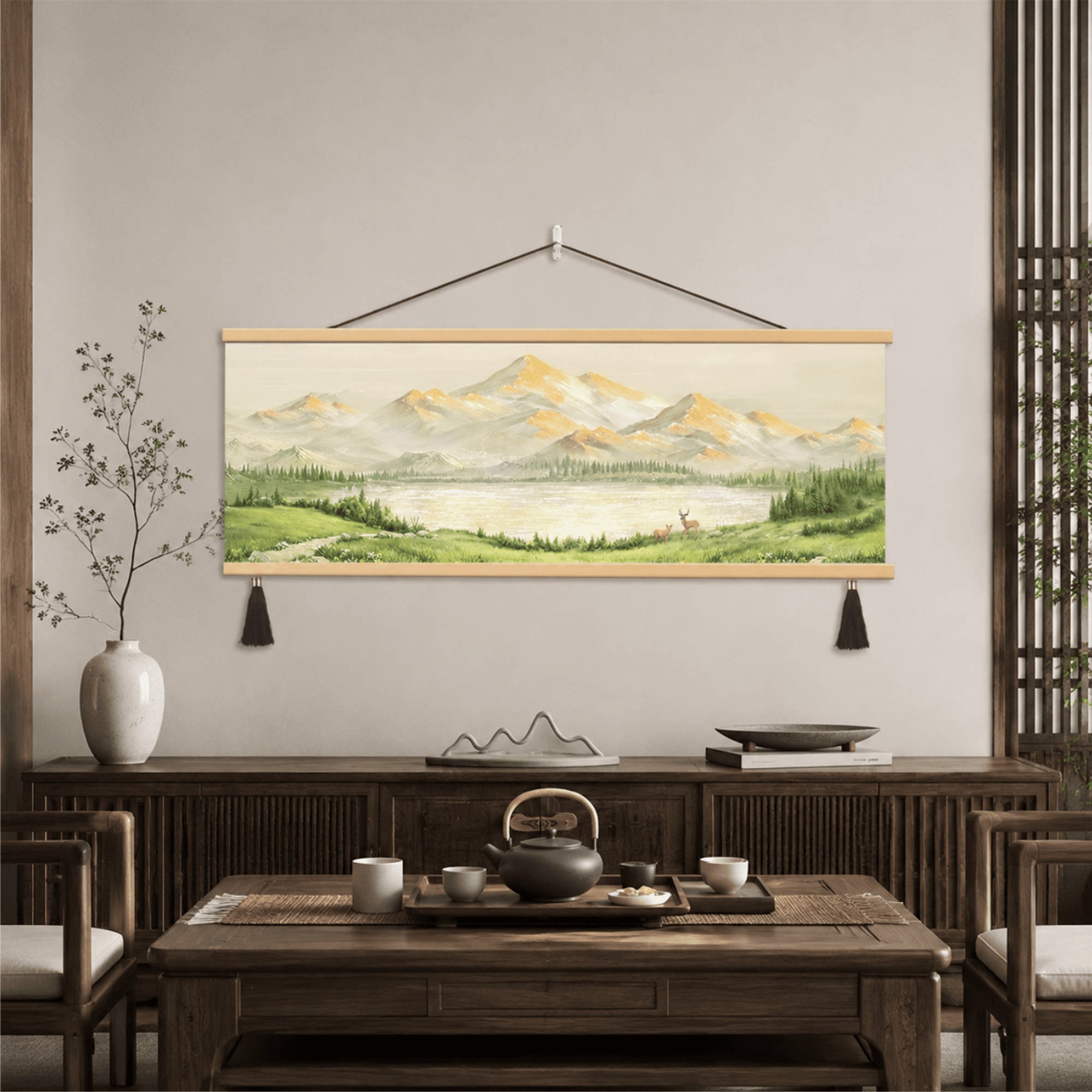新中式风格日照金山水景挂画客厅餐厅背景墙招财麋鹿卧室的装饰画