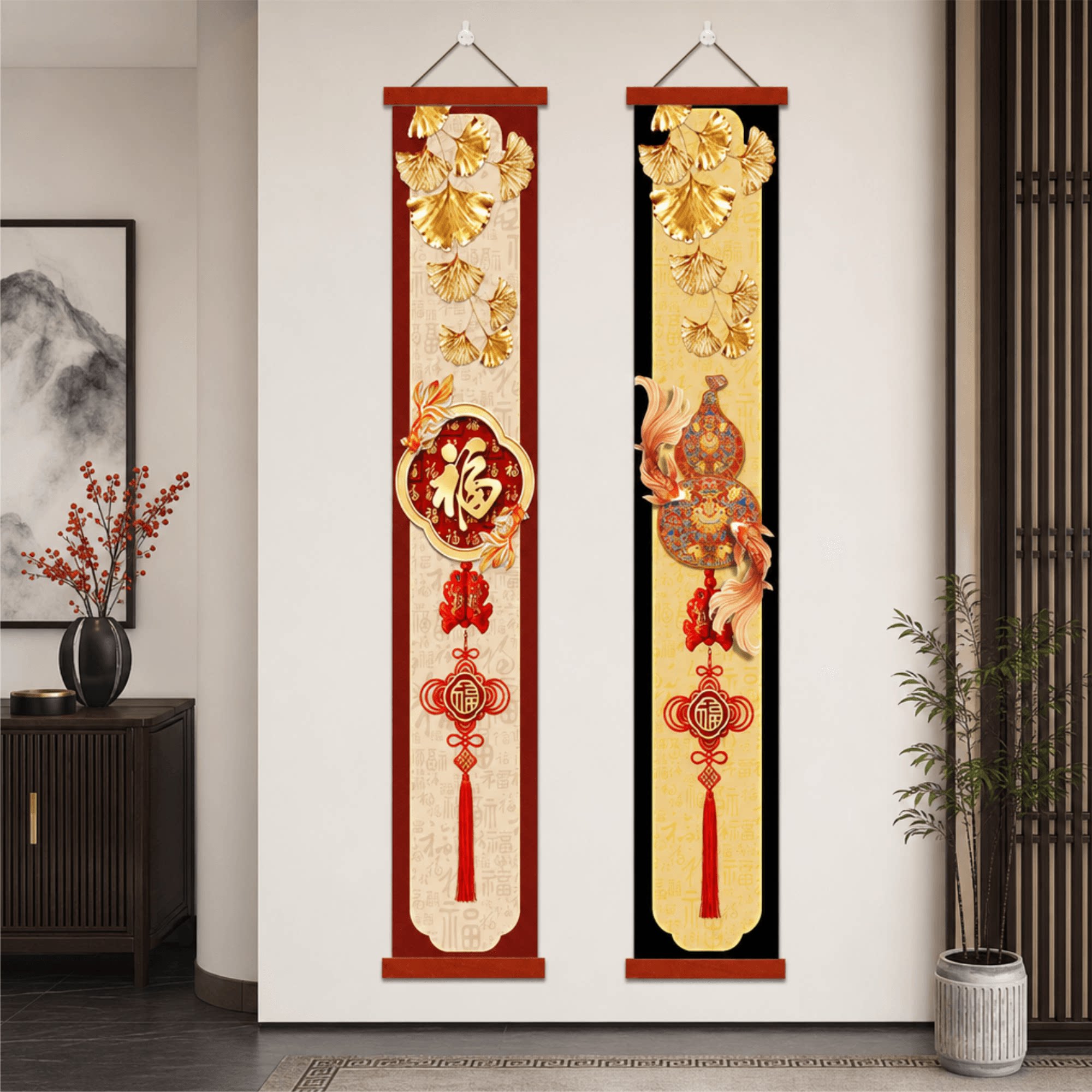 新中式轻奢玄关走廊竖版装饰画福字锦鲤葫芦喜庆客厅入户墙面挂画