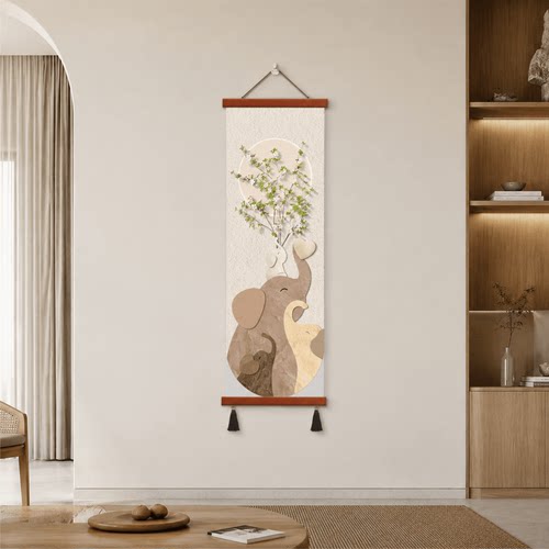 温馨侘寂风大象一家立体装饰画玄关走廊客厅背景墙轻奢挂画入户款