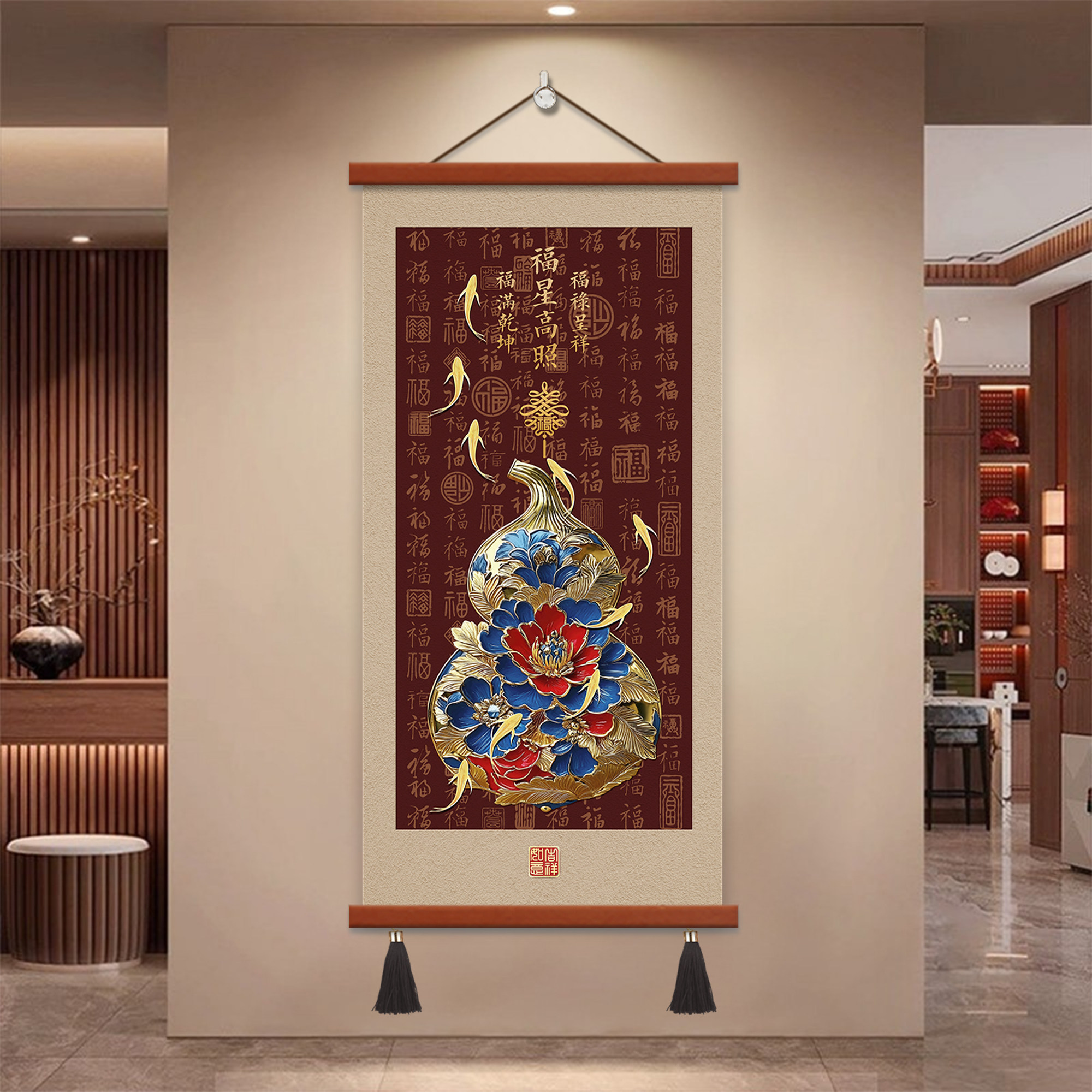 九鱼纳福入户玄关装饰画新中式红色入户玄关装饰画挂画客厅壁画