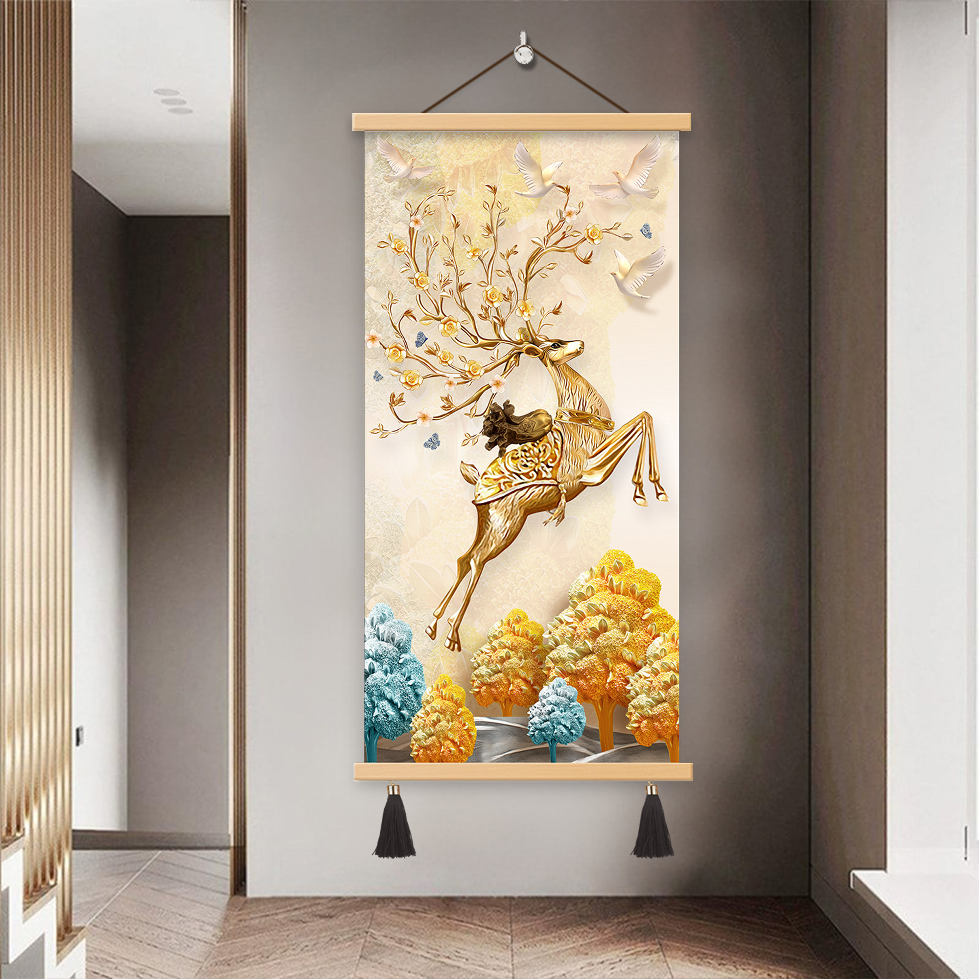 金鹿实木挂画装饰画麋鹿悬挂书房玄关走廊过道轻奢高级大气壁画