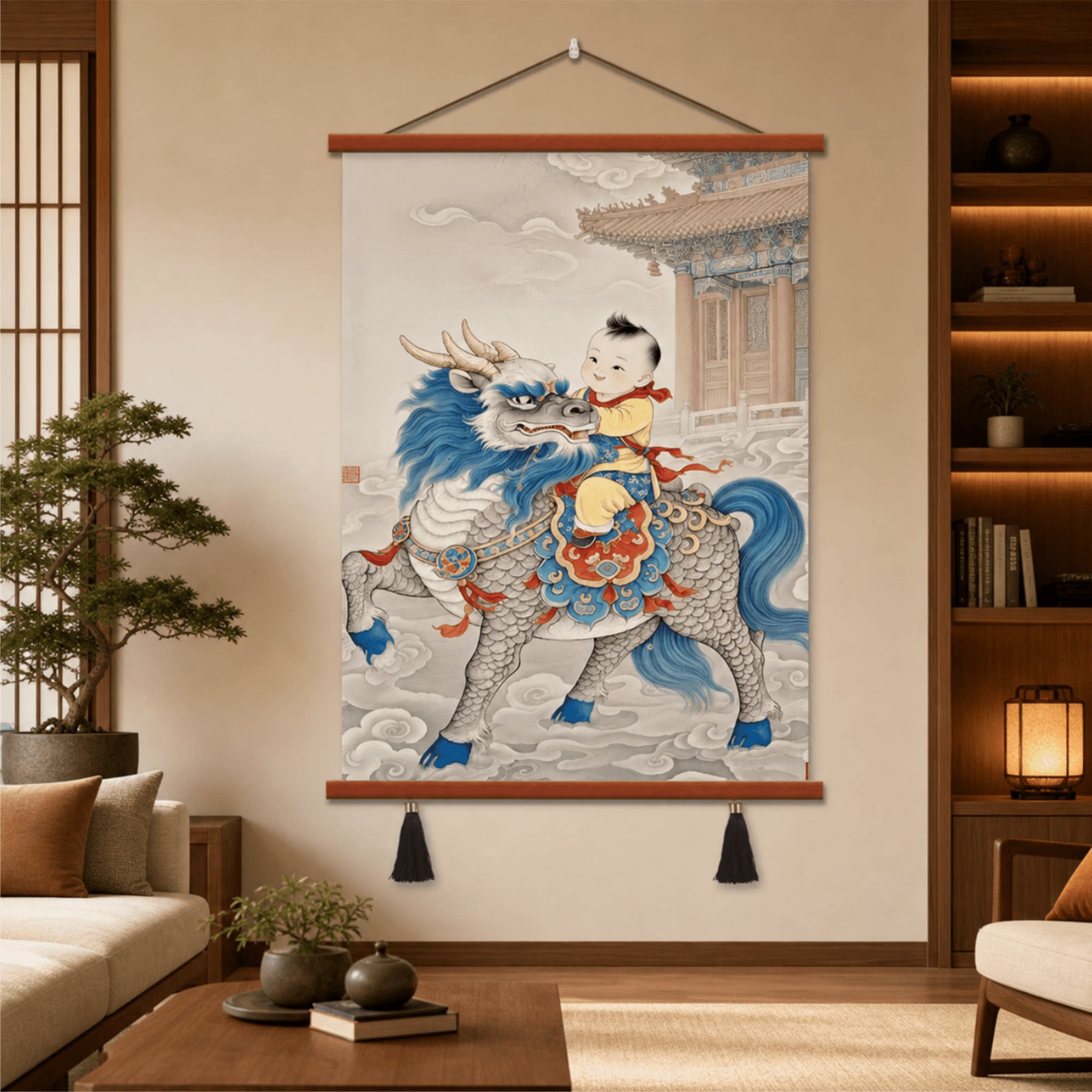 新款高档中式麒麟送子祥瑞装饰挂画客厅玄关茶室书房国风墙面壁画
