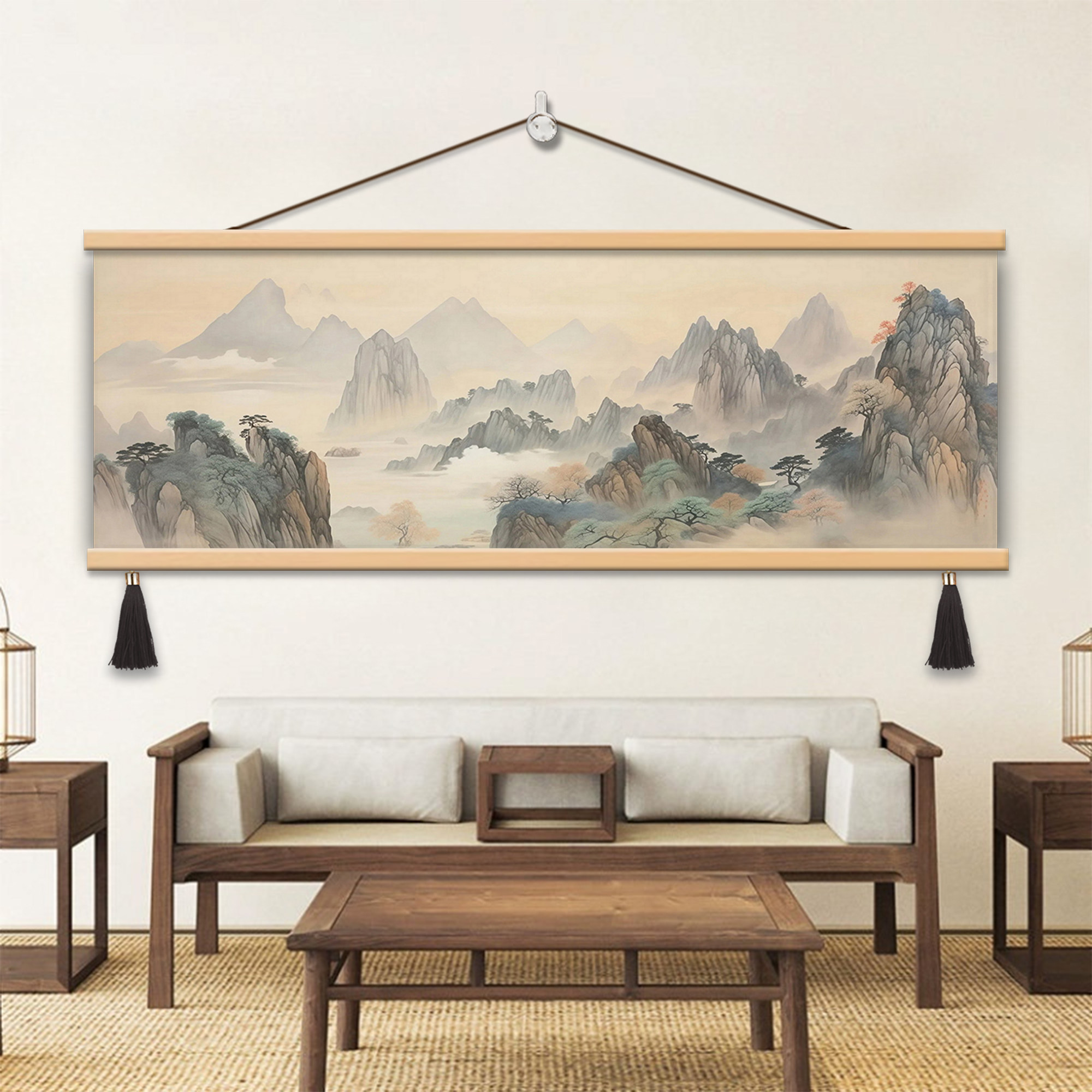 水墨山水画办公室西墙客厅挂画新中式沙发背景墙壁画靠山图装饰画