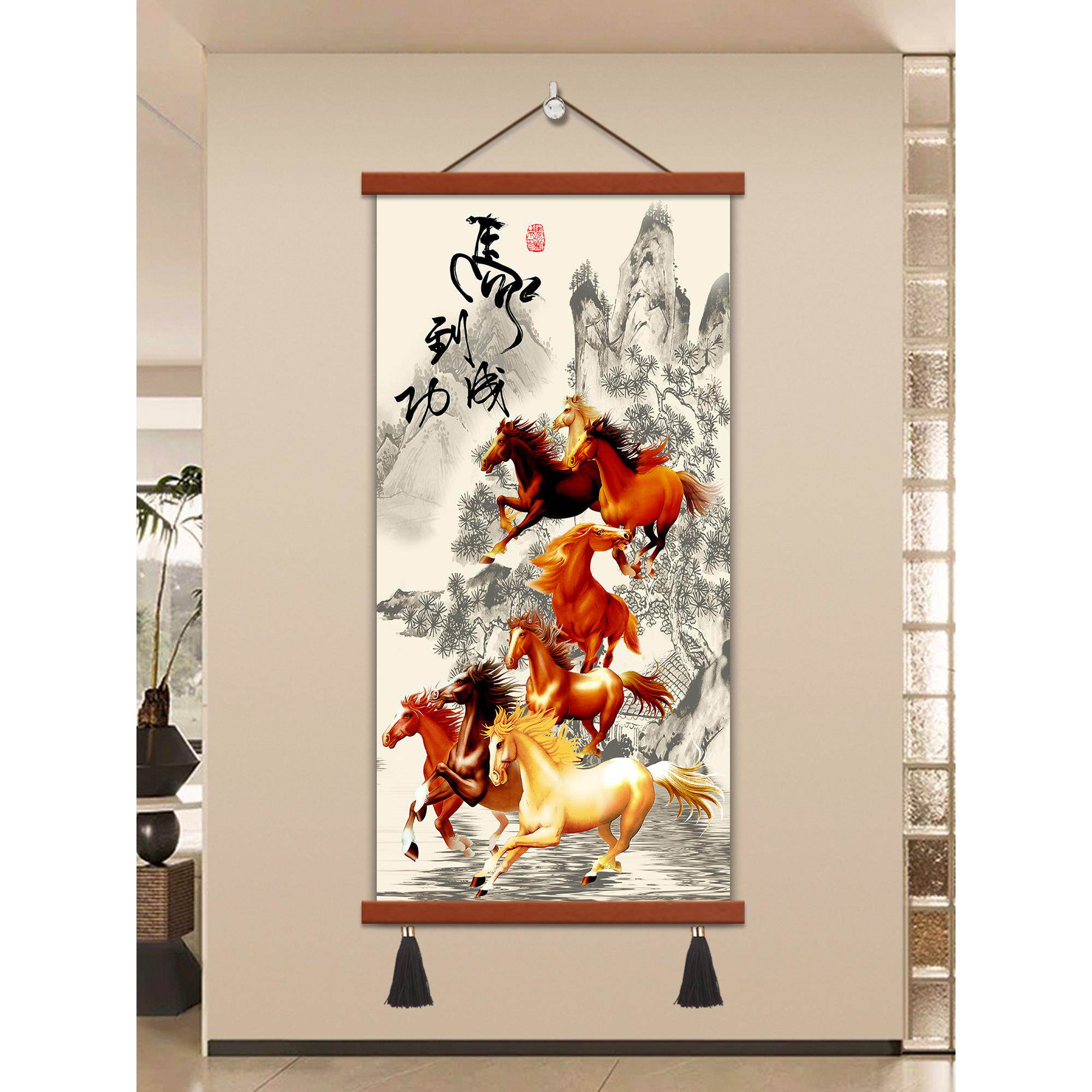 新中式马到成功挂画办公室八骏图竖版卷轴装饰画客厅马画