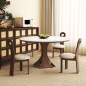 窈用窕木实岩板圆桌意中古风302简约圆形餐桌纯式 白小户型家吃饭