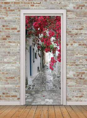 巨创跨境货源PVC贴纸3D个性自粘门贴 现代墙面紫色花小巷墙贴