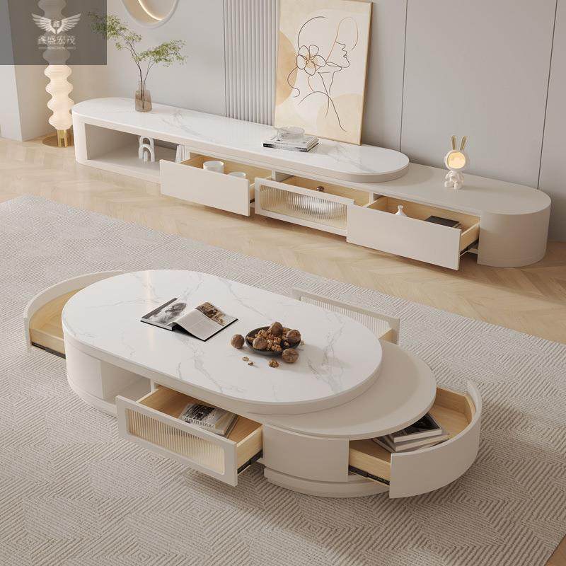 奢轻电视柜茶几组合2CSV简约现代25年新款奶油风伸0缩岩板茶几